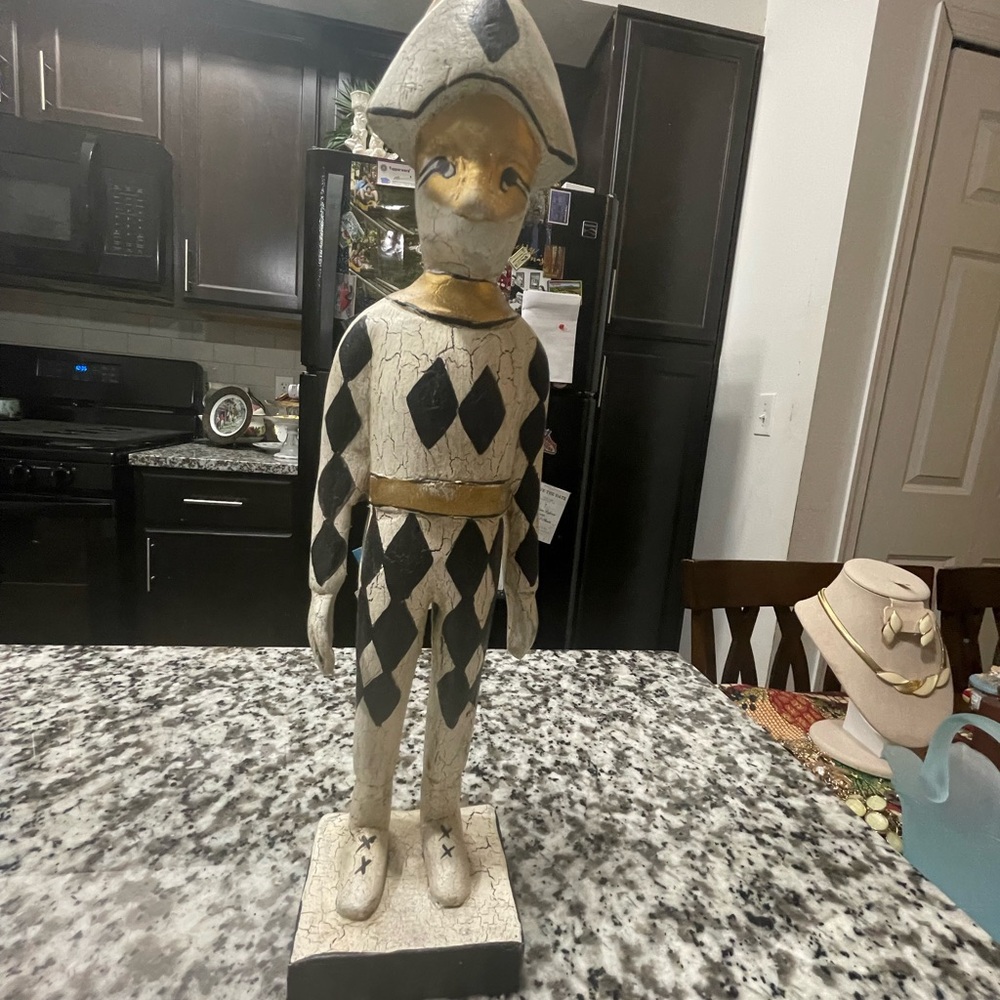 Vintage Hand Carved Wooden Harlequin Jester Figurine - Black and White 14inch